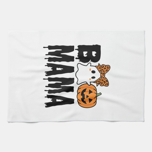 Boo Mama Halloween Ghost Pumpkin Bow Design Kitchen Towel (Horizontal)