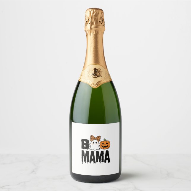 Boo Mama Halloween Ghost Pumpkin Bow Design Sparkling Wine Label (Front)