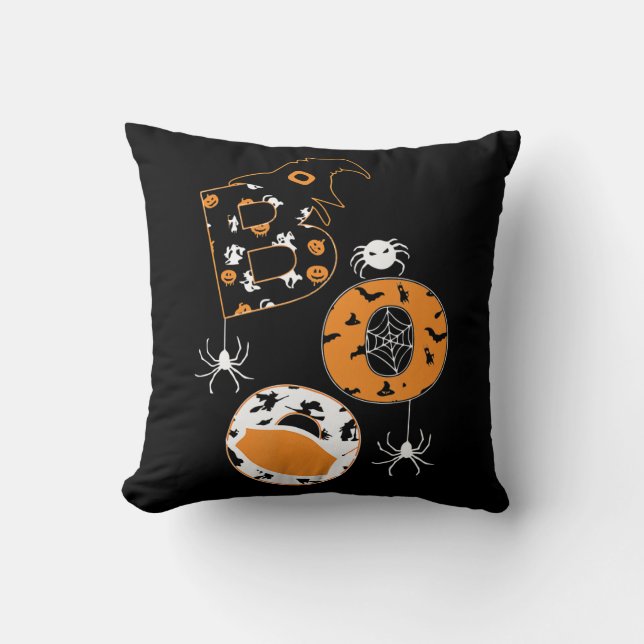 Boo Mask Spider Witch  Pumpkin Pattern Throw Pillow (Front)
