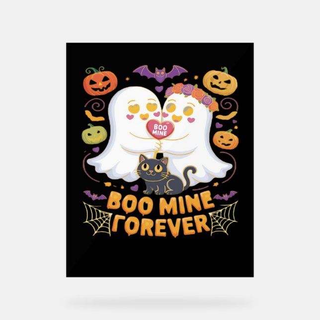 Boo Mine Forever Cute Ghosts Black Cat Love Hallow Acrylic Sign (Front)