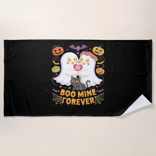 Boo Mine Forever Cute Ghosts Black Cat Love Hallow Beach Towel (Front)