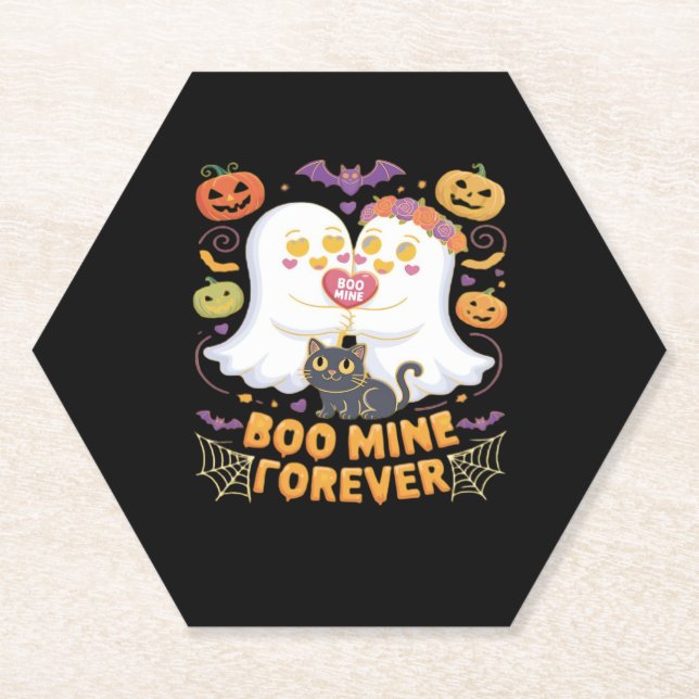Boo Mine Forever Cute Ghosts Black Cat Love Hallow Paper Coaster (Front)