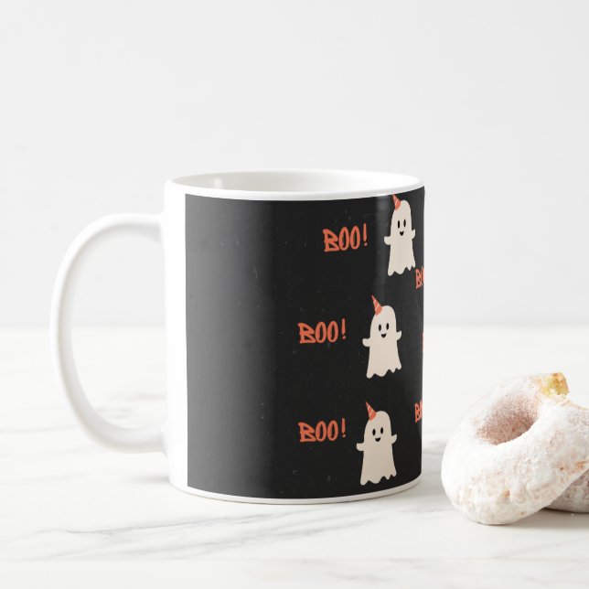 "Boo!" Mug – Spooky Sips for Halloween Enthusiasts (With Donut)