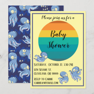 Boo Octopus Blue Retro Baby Shower Invitation