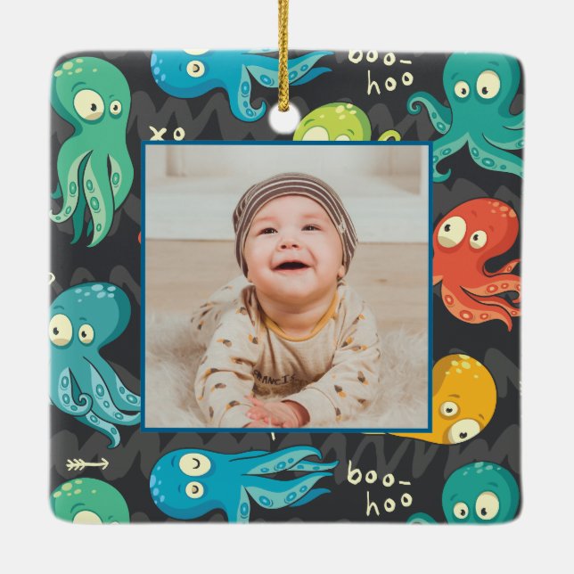 Boo Octopus Cute Colourful Kids Personalized Photo Ceramic Ornament (Back)