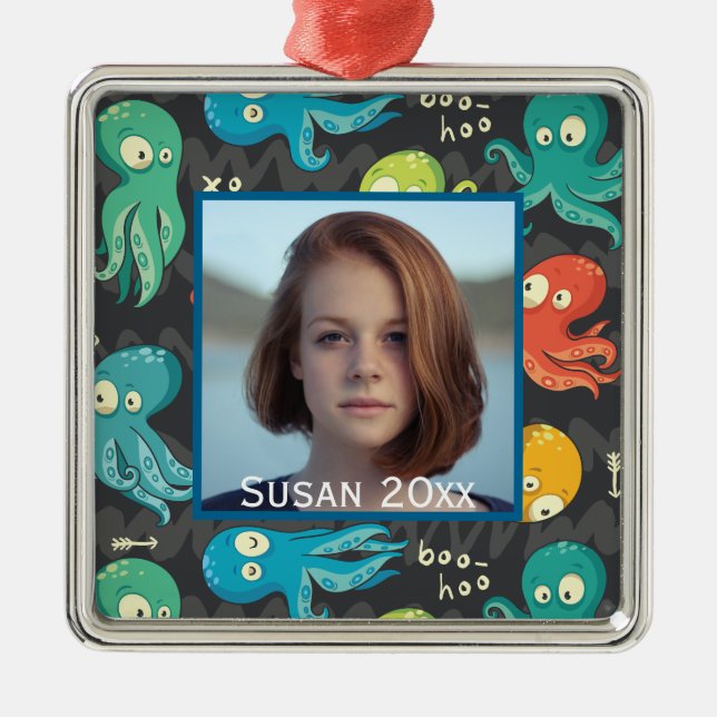 Boo Octopus Cute Colourful Kids Photo Metal Ornament (Front)