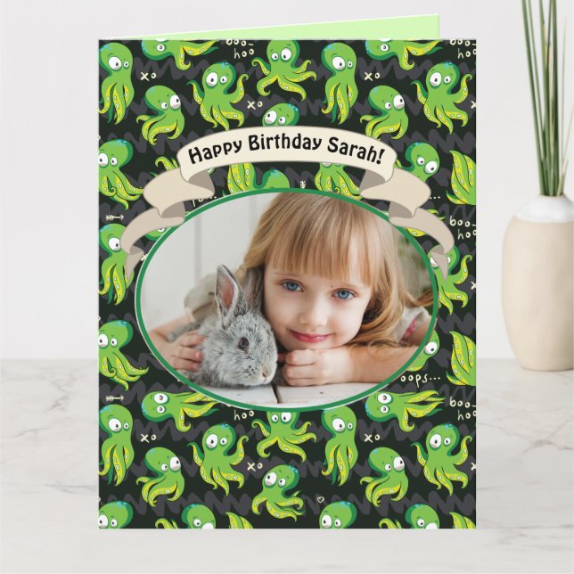 Boo Octopus Green Cute Kids Birthday Card (Front)