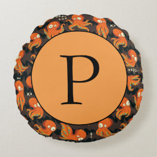 Boo Octopus Orange & Black Kids Clothing & Décor Round Pillow