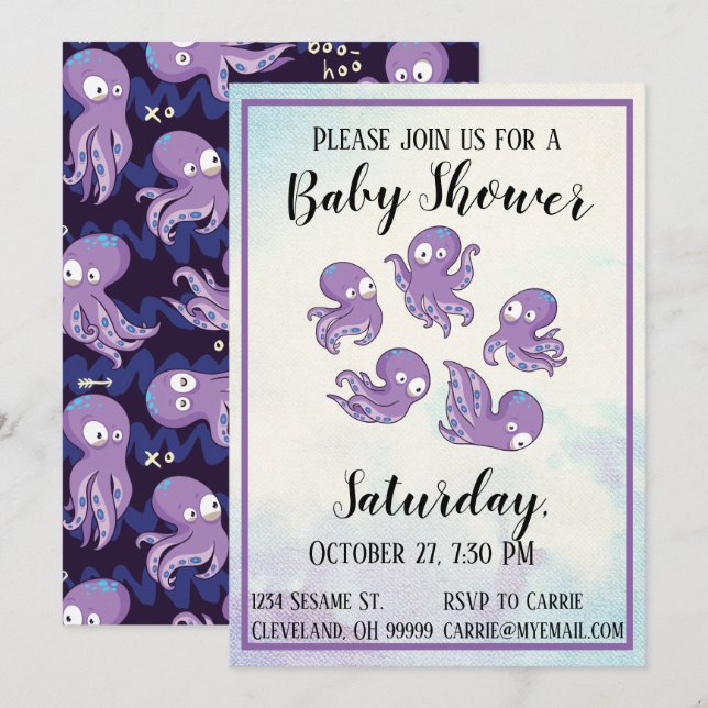Boo Octopus Purple Baby shower Invitation (Devant / Derrière)