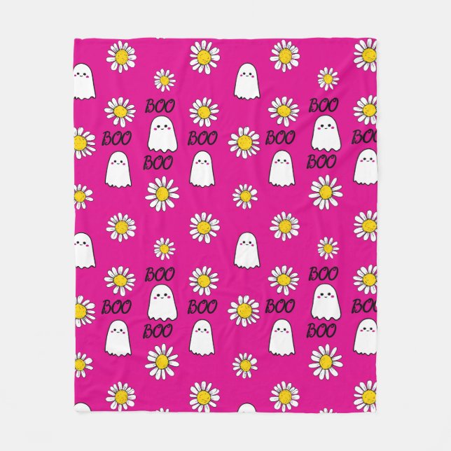Boo, Pink ghost and daisies Fleece Blanket (Front)