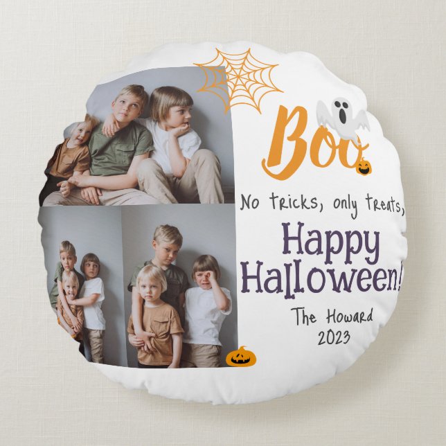 Boo pumpkin jack-o-lantern Halloween Photo Collage Round Pillow (Front)