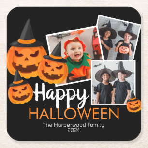 Boo pumpkin jack-o-lantern Halloween Photo Collage Square Paper Coaster