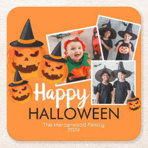 Boo pumpkin jack-o-lantern Halloween Photo Collage Square Paper Coaster