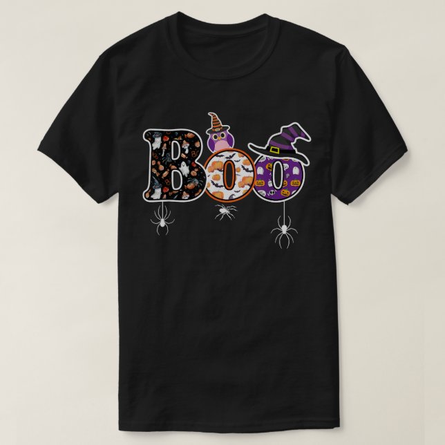 Boo Shirt With Pumpkin Olw Spiders And Witch Hat H (Design Front)