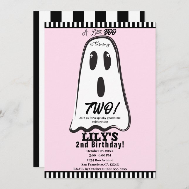 BOO! Spooky Cute Ghost Pink Halloween Birthday  Invitation (Front/Back)