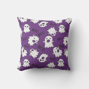 Boo Spooky Ghost with Purple background Throw Pillow