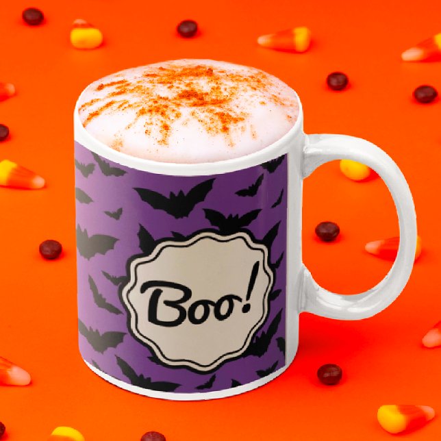 Boo! Spooky Purple Halloween Black Bats Two-Tone Coffee Mug (Personalize with your message!)