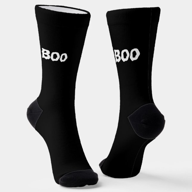Boo spooky typography black white fun Halloween  Socks (Angled)
