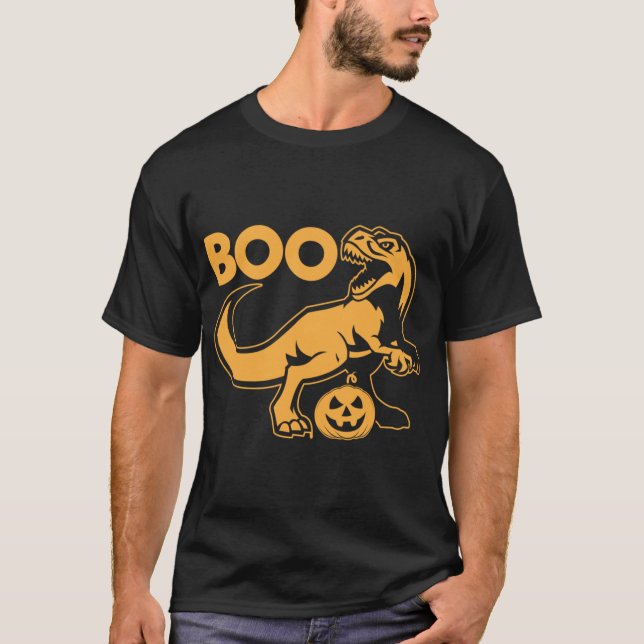 Boo T Rex Dinosaur And Pumpkin In Orange T-Shirt (Front)