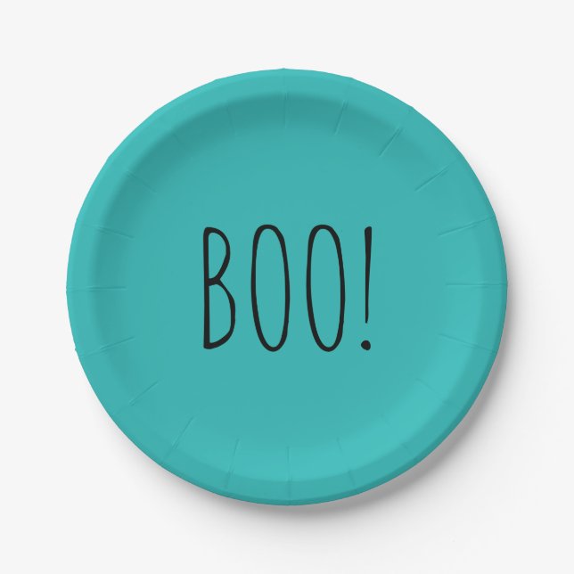 Boo teal and black minimalist simple Halloween  Paper Plate (Front)