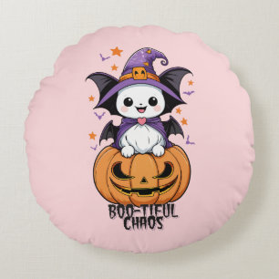 Boo-tiful Chaos Bats, Hats, & Pumpkins Round Pillow