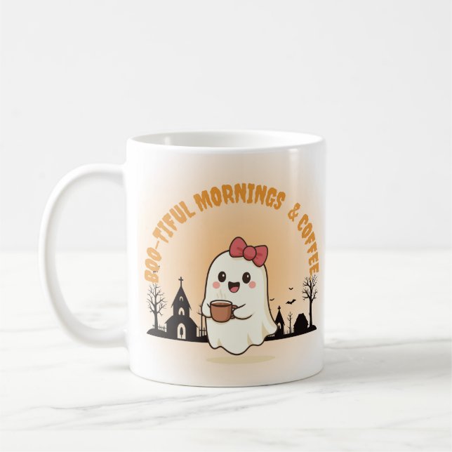 Boo-tiful Mornings & Coffee" Cute Ghost Halloween  Coffee Mug (Left)