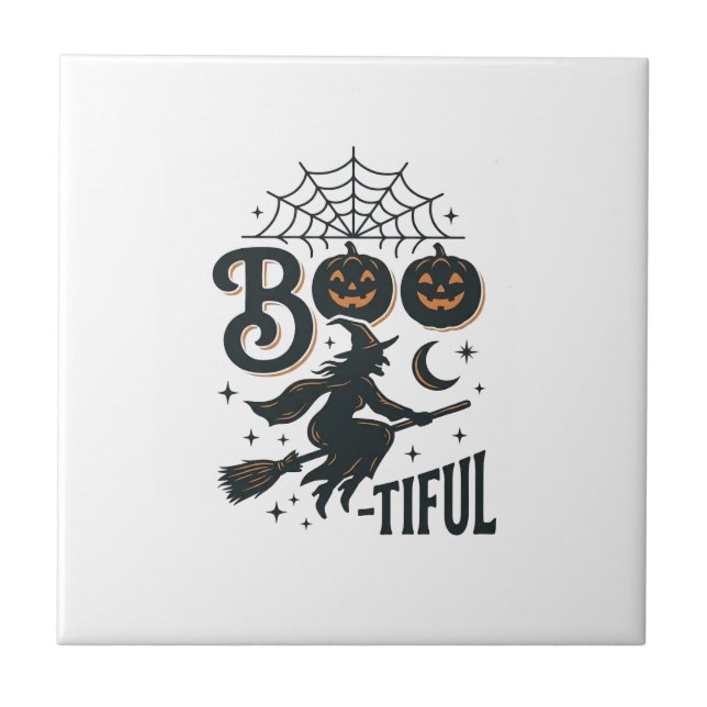 Boo-tiful Witch Halloween Vintage Engraving Design Tile (Front)