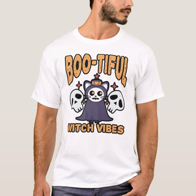 Boo-tiful Witch Vibes – Cute Spooky Cat Halloween T-Shirt (Front)