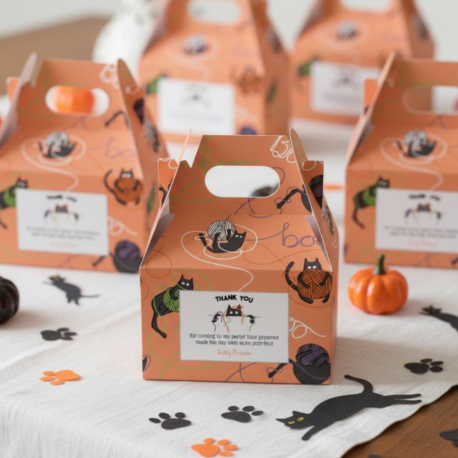 Boo-tifully Tangled Black Cats and Yarn Halloween Favor Box (Orange Black Cat & Boo Yarn Halloween October Birthday Party Thank You Favor Boxes for Cat Lover)
