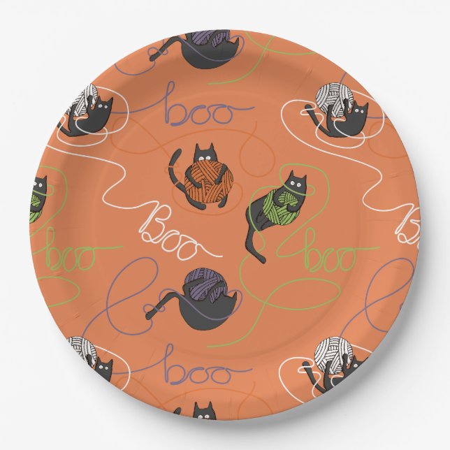 Boo-tifully Tangled Black Cats and Yarn Halloween Paper Plate (Front)