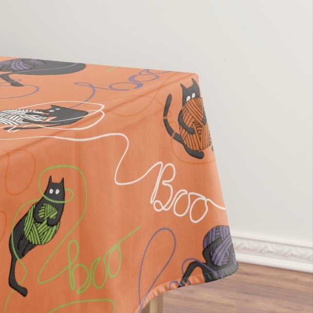 Boo-tifully Tangled Black Cats and Yarn Halloween Tablecloth (In Situ)