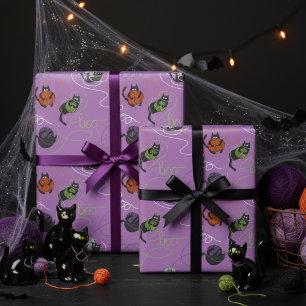 Boo-tifully Tangled Black Cats and Yarn Halloween Wrapping Paper
