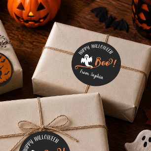 Boo Tiny Ghost Happy Halloween Black Classic Round Sticker