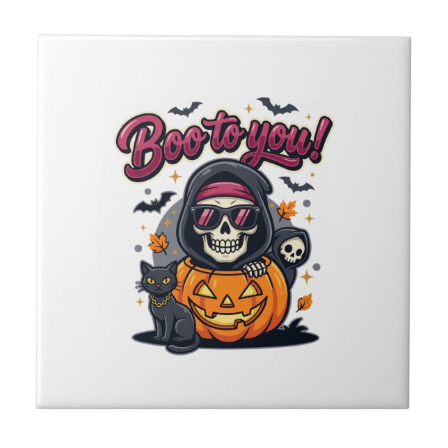 Boo to You Halloween Skeleton Pumpkin Tile (Front)
