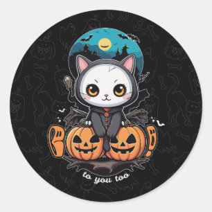 Boo to You Too   Cute Cat Bat Wings & Pumpkin Classic Round Sticker