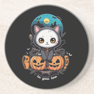 Boo to You Too   Cute Cat Bat Wings & Pumpkin Coaster