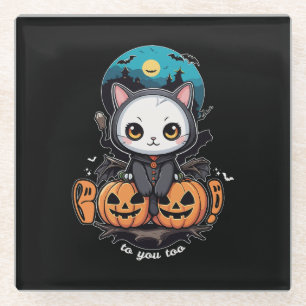 Boo to You Too Cute Cat Bat Wings & Pumpkin Glass Coaster