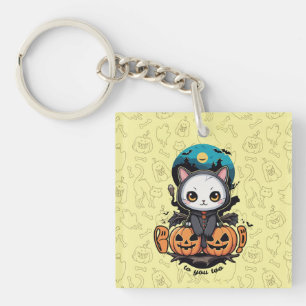 Boo to You Too   Cute Cat Bat Wings & Pumpkin Keychain