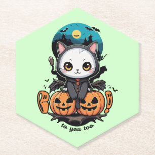 Boo to You Too   Cute Cat Bat Wings & Pumpkin Paper Coaster