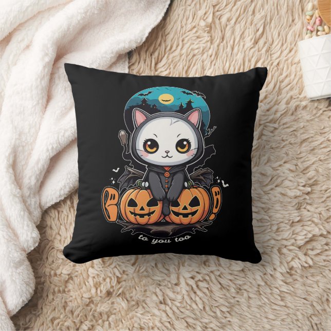 Boo to You Too | Cute Cat Bat Wings & Pumpkin Throw Pillow (Blanket)