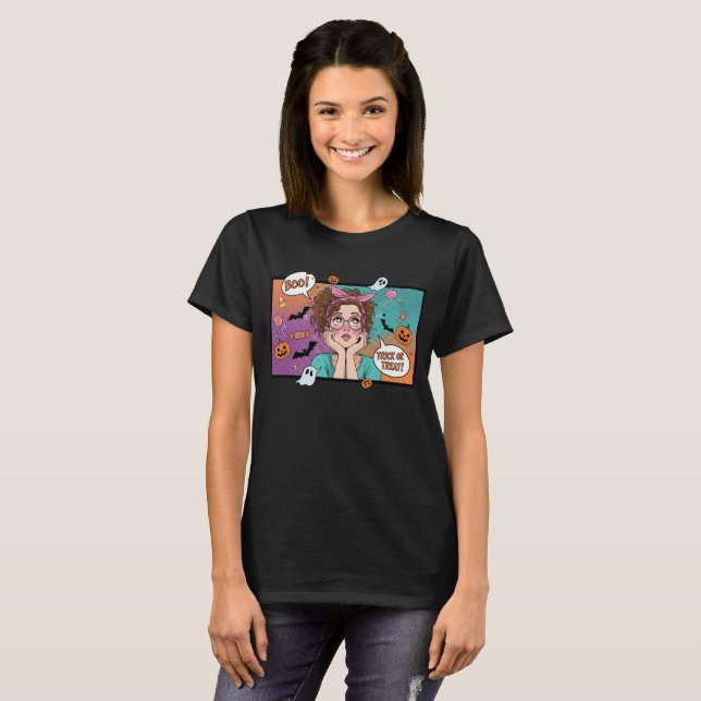 “Boo! Trick or Treat!” Comic Panel Halloween Tee (Front Full)