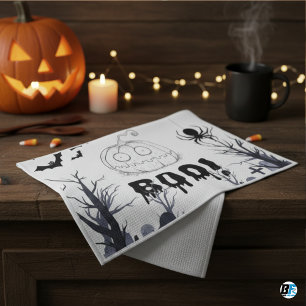 Boo! Vintage Halloween Black & White Kitchen Towel