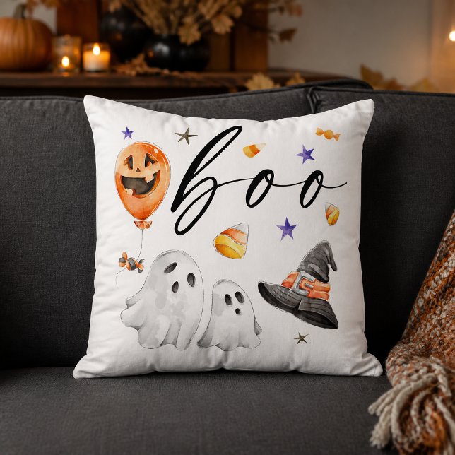 Boo Watercolor Ghosts and Witch Hat Halloween Throw Pillow (Welcome spooky season with this whimsical watercolor “Boo” throw pillow.)
