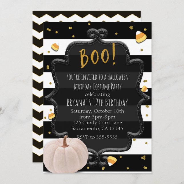 BOO! White Pumpkin & Candy Corn Halloween Party Invitation (Front/Back)