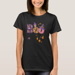 Boo Witch Hat Owl Spiders Bat Pumkin Funny Hallowe T-Shirt