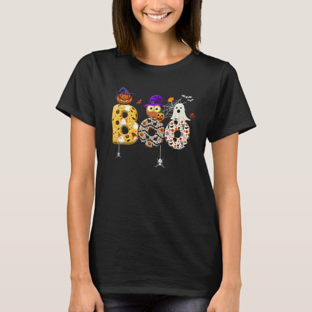 Boo With Spiders And Pumpkin Witch Hat Cute Ghost  T-Shirt (Front)
