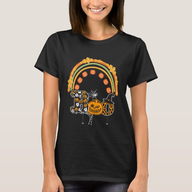Boo With Spiders And Witch Hat Halloween Rainbow T-Shirt (Front)