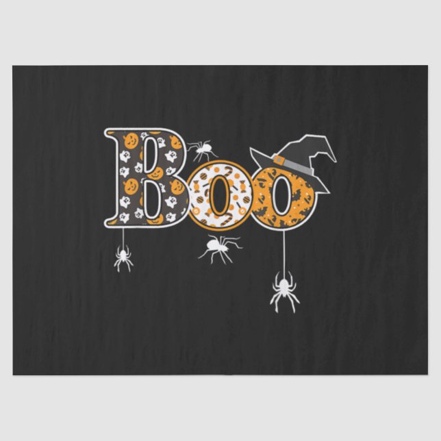 Boo With Spiders And Witch Hat Halloween Tissue Paper (Front)