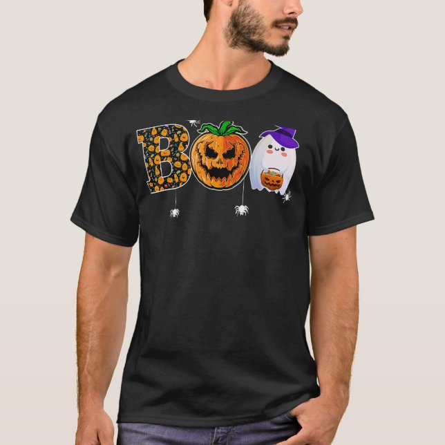 Boo With Spiders Ghost Pumpkin And Witch Hat Hallo T-Shirt (Front)