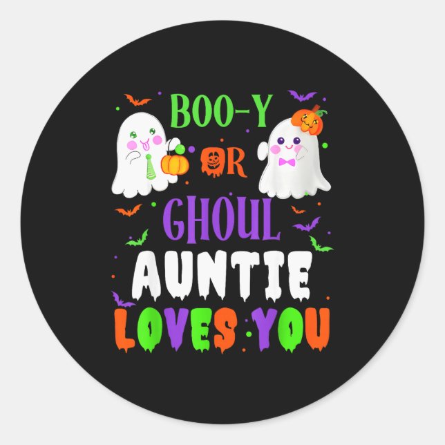 Boo-y Or Ghoul Auntie Loves You Boo Halloween Baby Classic Round Sticker (Front)